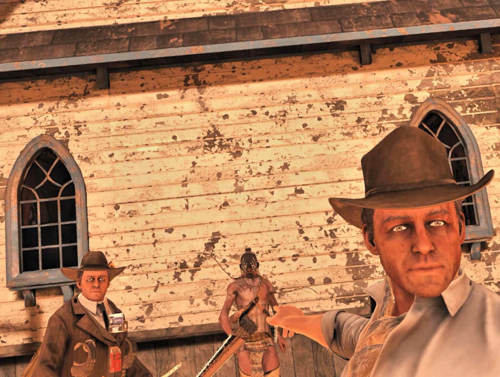 A lawman, a gang member, and a civilian standing together in Brightstone